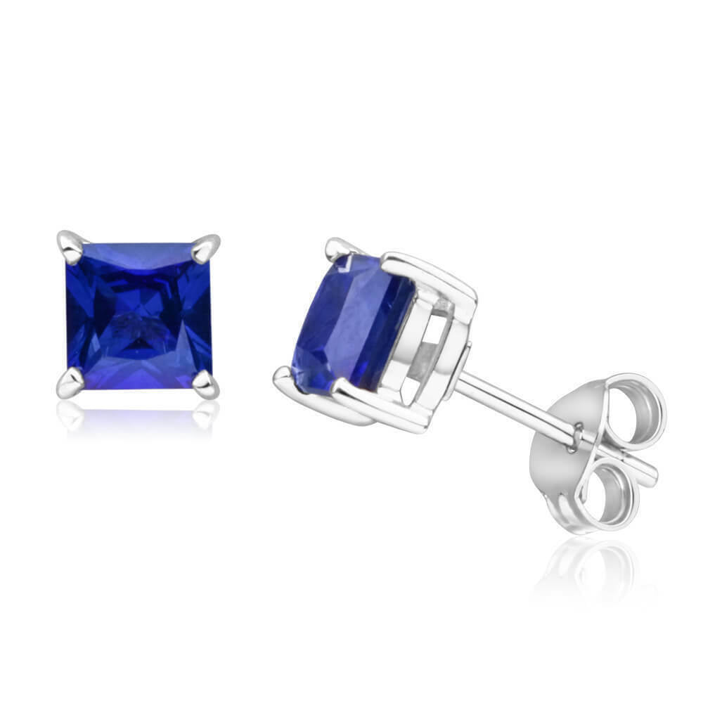 Princess Blue Saphire Stud Earrings 925 Sterling Silver 1 Ct Guaranteed