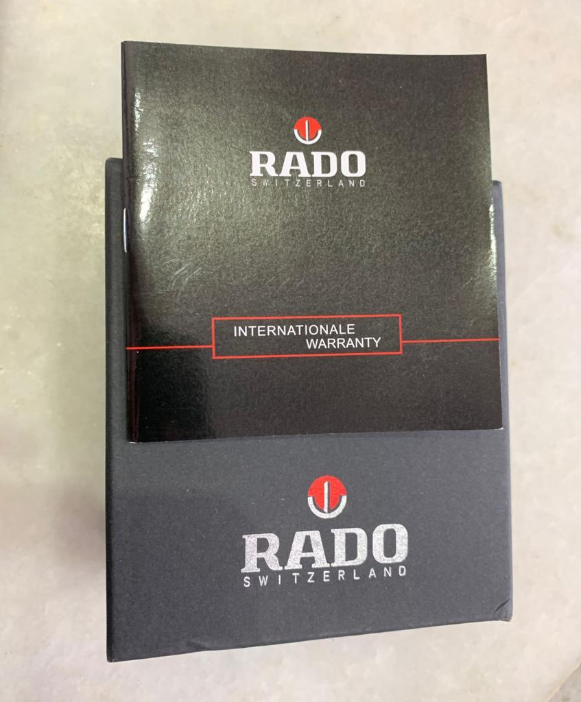 Vintage Rado Watch Wood Storage Box, Polishing Cloth, Card Holder, & Booklet Set