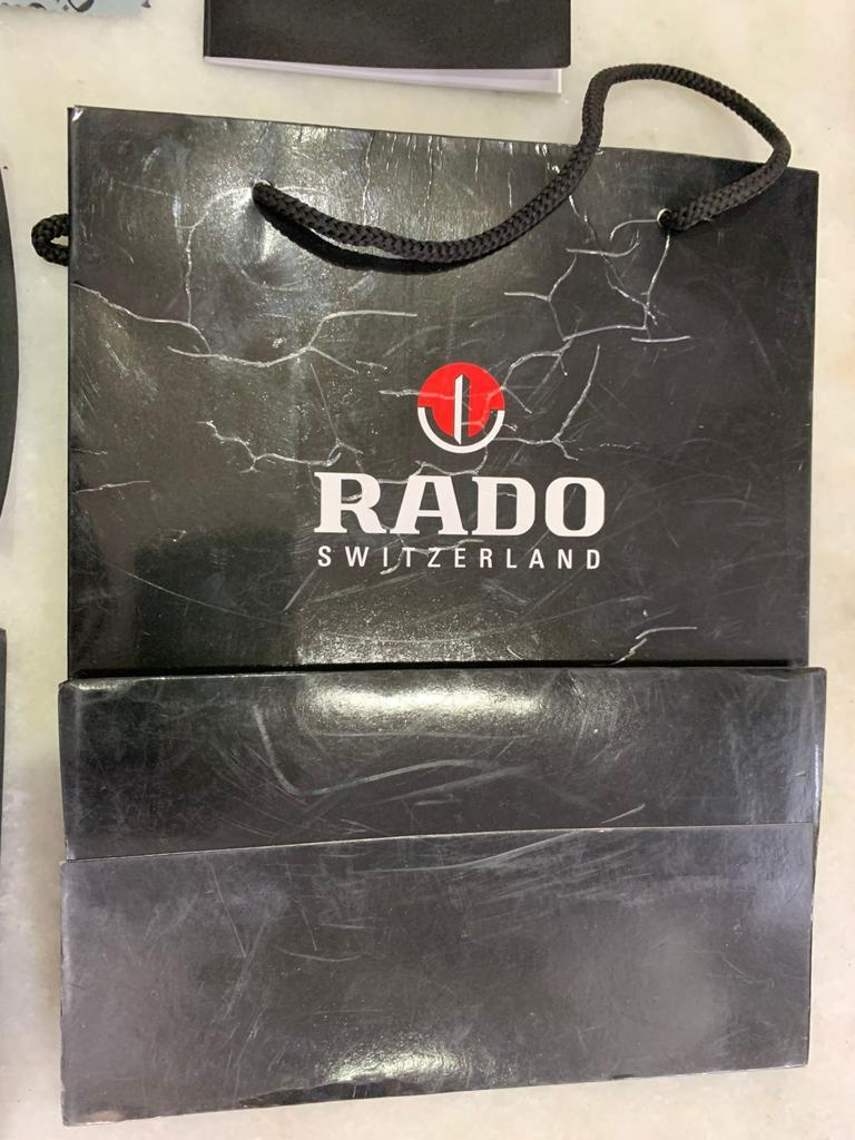 Vintage Rado Watch Wood Storage Box, Polishing Cloth, Card Holder, & Booklet Set