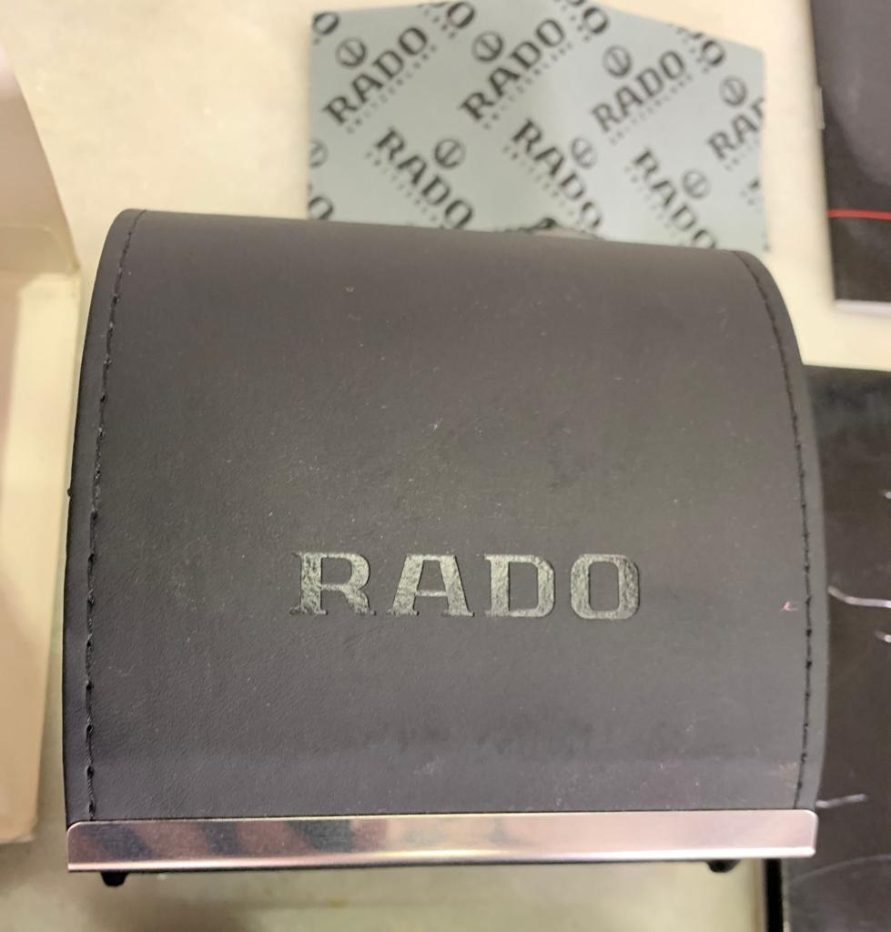 Vintage Rado Watch Wood Storage Box, Polishing Cloth, Card Holder, & Booklet Set