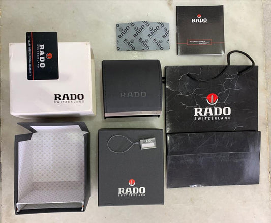 Vintage Rado Watch Wood Storage Box, Polishing Cloth, Card Holder, & Booklet Set